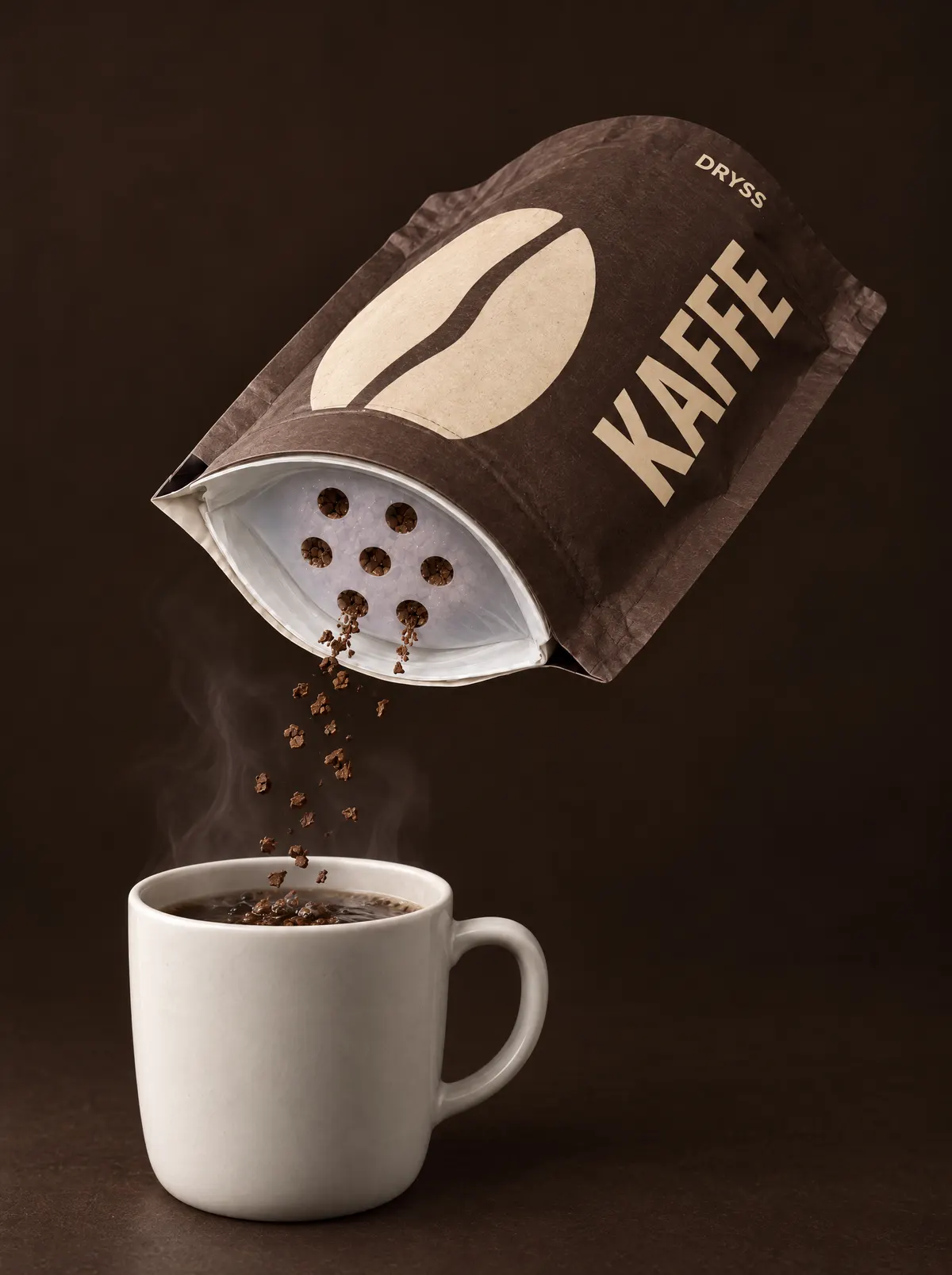 DRYSS KAFFE-pose som drysser pulver i glass eller kopp